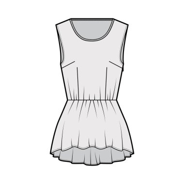 Peplum Lisesi 'nin düşük kenarlı, üst düzey teknik tasviri. Boyunsuz, kolsuz, uyumlu, fermuarlı.