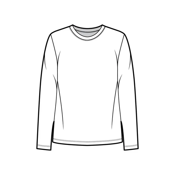 T-shirt en jersey de coton recadré illustration de mode technique avec coupe décontractée, col rond, manches longues. Tenues plates — Image vectorielle