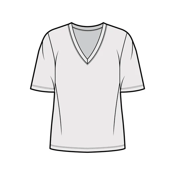 Camiseta de algodón-jersey ilustración técnica de moda con escote en V, mangas de codo, longitud de la túnica, de gran tamaño — Vector de stock