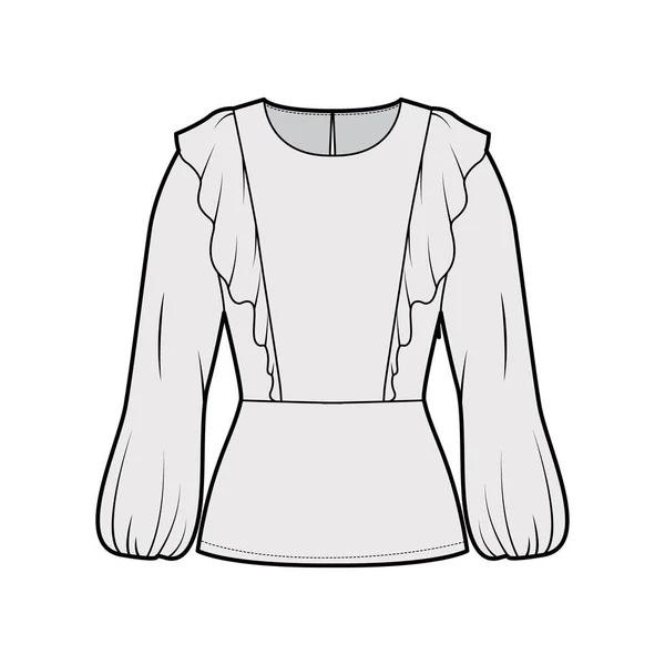 Ruffled blusa técnica moda ilustração com bainha, pescoço oval, back botão de fixação fechadura buraco, manga bispo longo — Vetor de Stock