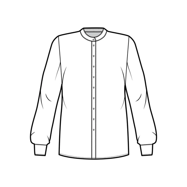 Camisa técnica de moda ilustración con cuello de mandarina redondeado, mangas largas con puño, sobredimensionado, yugo redondo trasero — Vector de stock