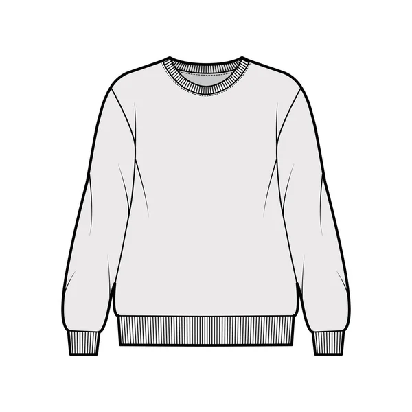 Cotton-terry camisola de grandes dimensões ilustração de moda técnica com ajuste relaxado, decote da tripulação, jumper de mangas compridas — Vetor de Stock