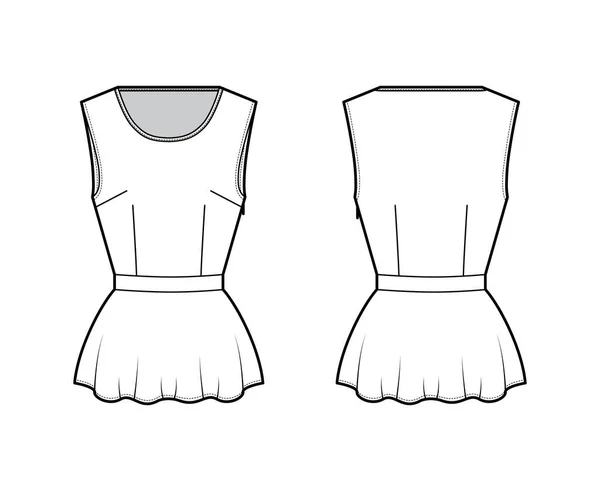 Peplum Saum Top technische Mode Illustration mit gebundenem Rundhals, ärmellos, taillierter Körper, seitlicher Reißverschluss. — Stockvektor