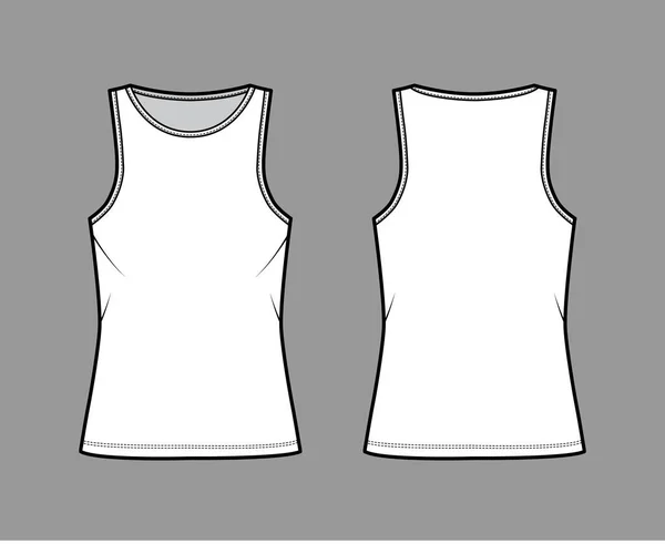 Algodón jersey tanque técnica moda ilustración con ajuste relajado, dobladillo alargado, cuello redondo. Ropa básica plana — Vector de stock