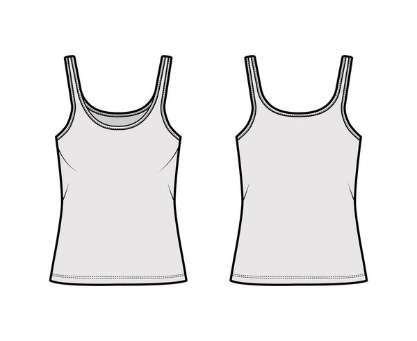 Cotton-jersey tank technical fashion illustration with scoop neck, relaxed fit, tunic length. Flat outwear camisole