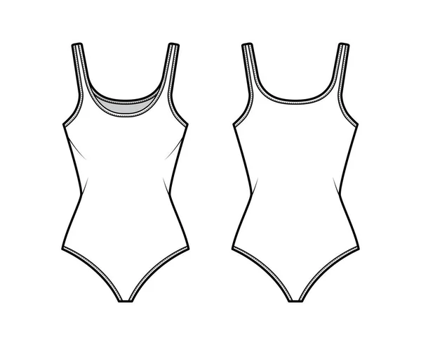 Cotton-jersey tank bodysuit technische mode illustratie met gemonteerde gebreide body, mouwloos. Platte schoeisel — Stockvector