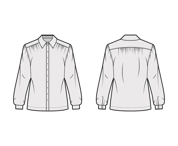 Samlad skjorta teknisk mode illustration med långa ärmar med mudd, klassisk krage, främre knappfästen. — Stock vektor