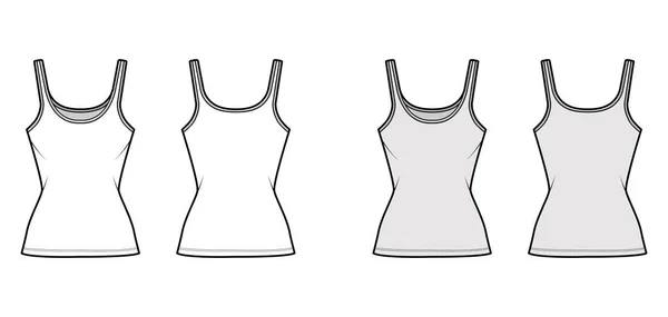 Ilustração de moda técnica de tanque de algodão-jersey com pescoço de colher, ajuste próximo, comprimento de túnica. Roupa plana camisola básica —  Vetores de Stock