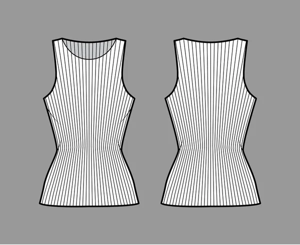 Camiseta de algodón acanalada tanque ilustración técnica de moda con ajuste delgado, dobladillo alargado, cuello redondo. Parte superior de ropa interior plana — Vector de stock
