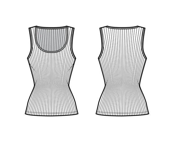 Camiseta acanalada de algodón y jersey técnica ilustración de moda con cuello redondo ancho, punto ajustado, camisola de longitud de túnica — Vector de stock