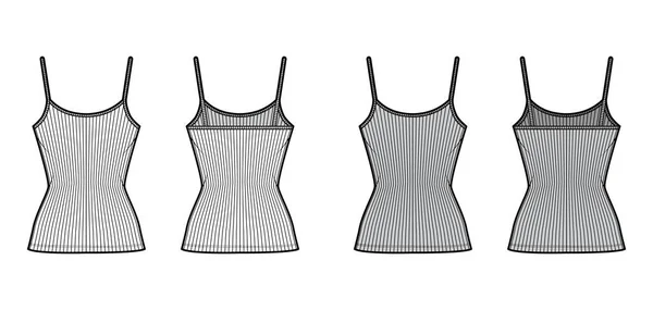 Illustration de mode technique camisole côtelée avec col rond, corps tricoté ajusté, longueur tunique. Vêtements plats réservoir de base — Image vectorielle