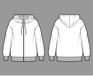 Fermuarlı, bol formalı, uzun kollu, pamuklu kapüşonlu, teknik moda illüstrasyonu. Düz kazak.