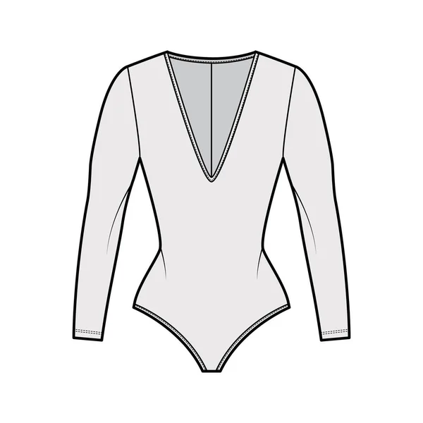 Stretch-jersey bodysuit técnica moda ilustração com mergulho decote em V, esculpindo ajuste, mangas compridas uma peça — Vetor de Stock