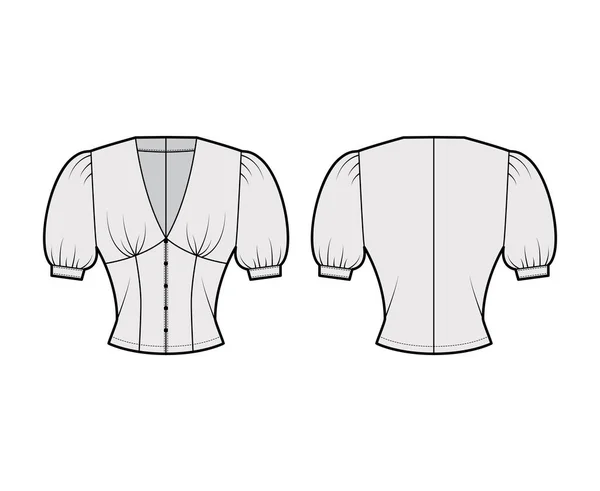 Μπλούζα τεχνική απεικόνιση μόδας με μεσαία μανίκια φούσκα, βυθίζοντας V-ντεκολτέ, λεπτή εφαρμογή, μπροστά κουμπώματα κουμπί. — Διανυσματικό Αρχείο