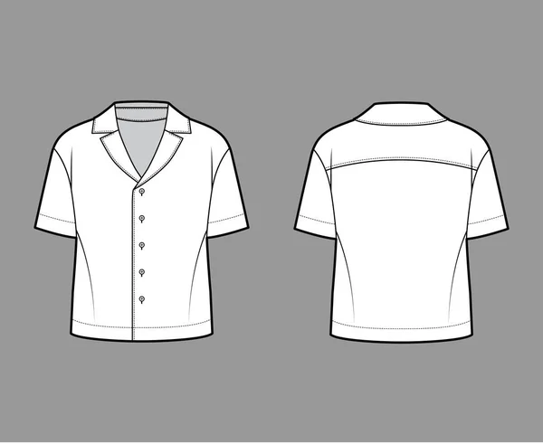 Camisa técnica de moda ilustração com silhueta relaxada, colarinho de acampamento retro, fechos de botão frontal, mangas curtas —  Vetores de Stock