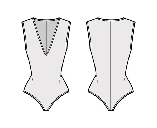 Stretch-jersey bodysuit técnica moda ilustração com mergulho decote em V, esculpindo ajuste, fecho de correr de volta . —  Vetores de Stock