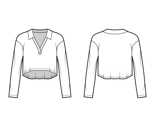 Cropped stretch-algodão top ilustração de moda técnica com mangas compridas, colarinho delineando o decote em V. Camisa plana —  Vetores de Stock
