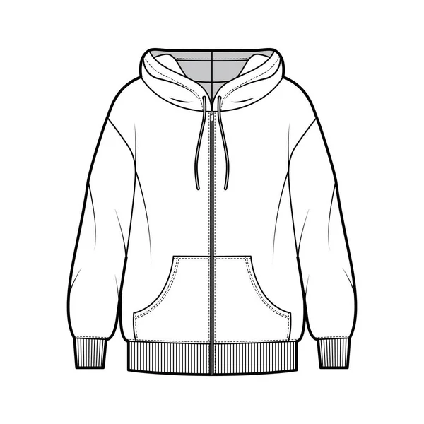 Zip-up oversized cotton-fleece hoodie technical fashion illustration with pocket, relaxed fit, long sleeves. Flat jumper — Stock Vector