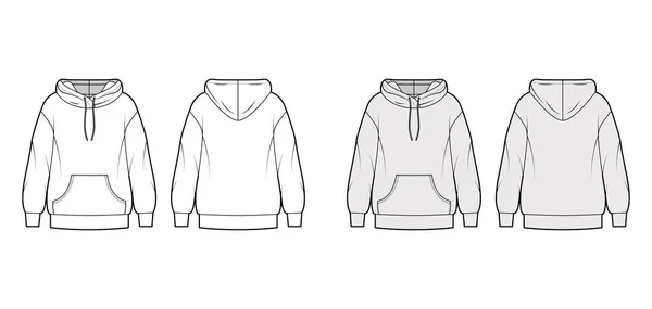 Büyük boy pamuklu kapüşonlu, cebi açık, rahat, uzun kollu teknik moda illüstrasyonu. Düz atlayıcı