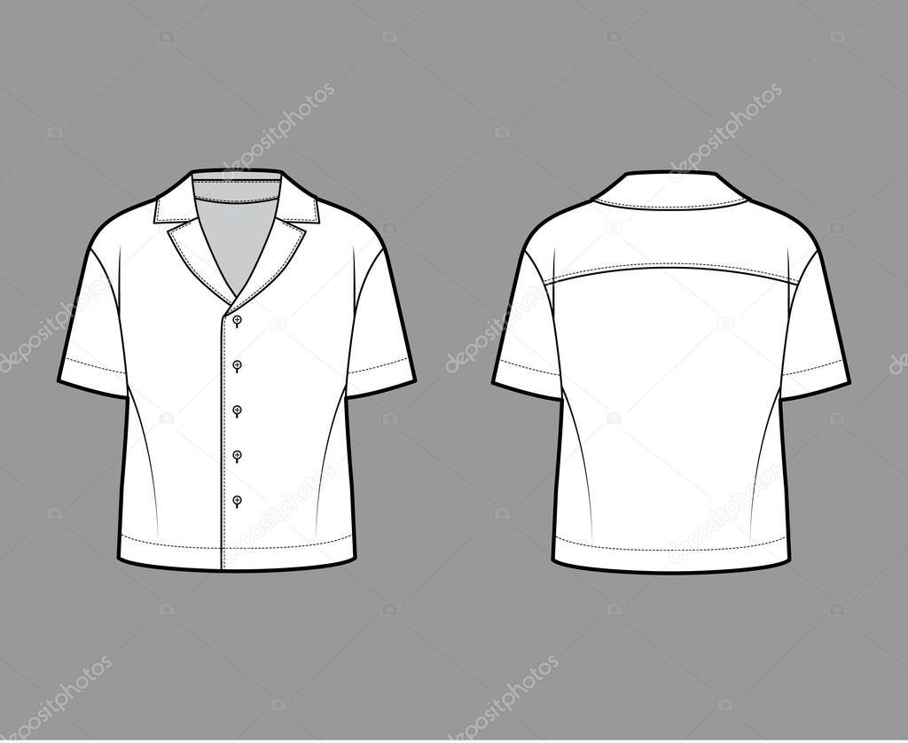 Shirt technical fashion illustration with relaxed silhouette, retro camp collar, front button fastenings, short sleeves