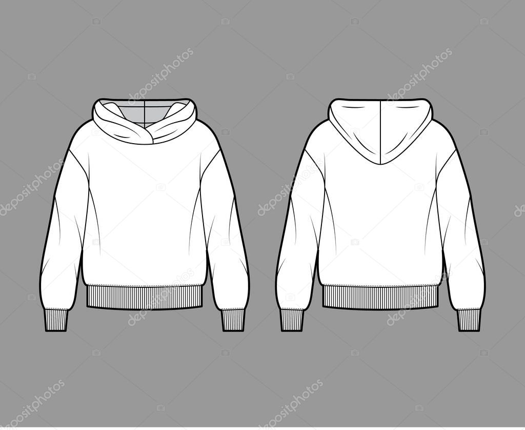 Oversized cotton-fleece hoodie technical fashion illustration with relaxed fit, long sleeves. Flat outwear jumper