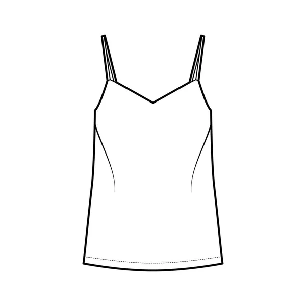 Camisole ilustração de moda técnica com lisonjeiro decote em V, tiras, ajuste relaxado, comprimento túnica. Tanque de roupa plana — Vetor de Stock