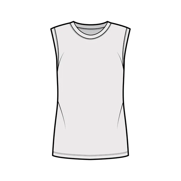 Bomull-jersey tank teknisk mode illustration med besättning halsringning, överdimensionerade, skurna ärmhål. Platt outwear grundläggande skjorta — Stock vektor