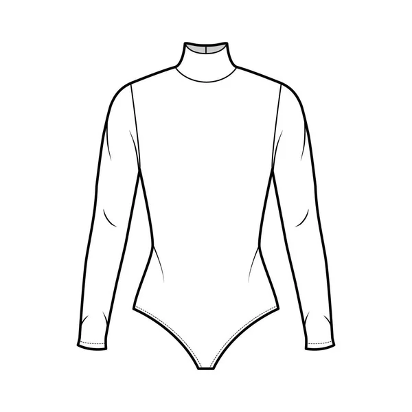 Cotton-jertleneck bodysuit technical fashion illustration with fitted knit body, long sleeves. Плоская наружная рубашка — стоковый вектор