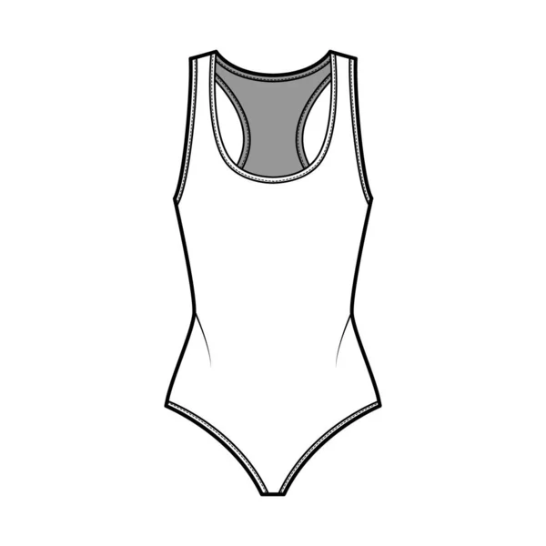 Cotton-jersey thong bodysuit ilustração de moda técnica com racer-back, decote em U profundo. Roupa plana uma peça — Vetor de Stock