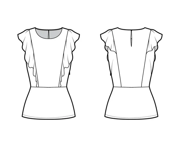 Roes blouse technische mode illustratie met zoom, ovale hals, terug knop-sluiting sleutelgat, mouwloos, gemonteerd — Stockvector