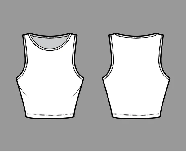Cropped algodão-jersey tank ilustração de moda técnica com ajuste fino, comprimento da cintura, decote da tripulação. Vestuário de base plano —  Vetores de Stock