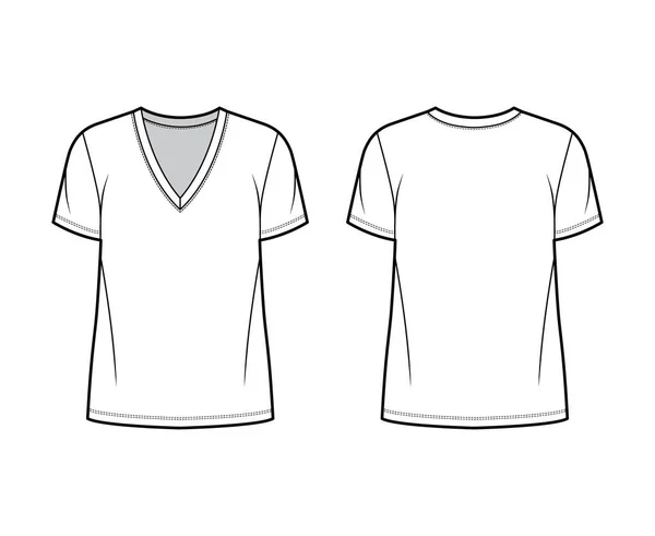 Koszulka bawełniana-koszulka Ilustracja moda techniczna z głębokim dekoltem w kształcie litery V, krótkie rękawy, długość tuniki, przerośnięta bielizna — Wektor stockowy