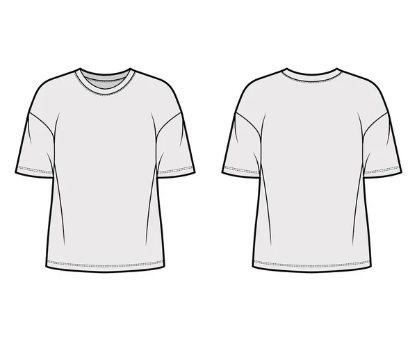 T-shirt en jersey de coton illustration de mode technique avec col rond, manches coudes, oversize, épaules tombantes — Image vectorielle