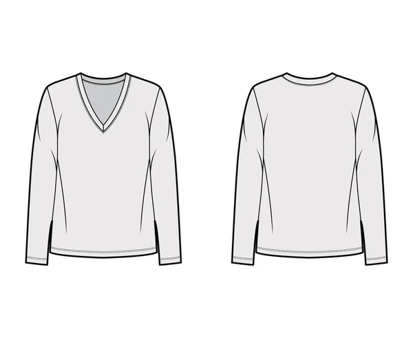 Zugeschnittenes T-Shirt aus Baumwolle-Jersey mit technischer Mode-Illustration mit entspannter Passform, tiefem V-Ausschnitt, langen Ärmeln. Flach — Stockvektor