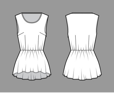 Peplum Lisesi 'nin düşük kenarlı, üst düzey teknik tasviri. Boyunsuz, kolsuz, uyumlu, fermuarlı.