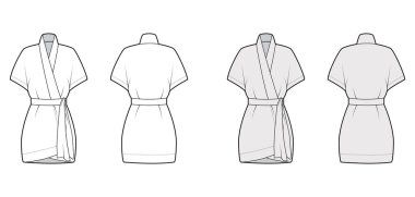 Kimono teknik tasviri, rahat formda, kısa kollu, bel kemerli, diz üstü.