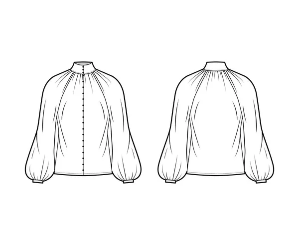 Tröja hög skuren hals blus teknisk mode illustration med lång biskop ärm, främre knapp-infästning, överdimensionerad — Stock vektor