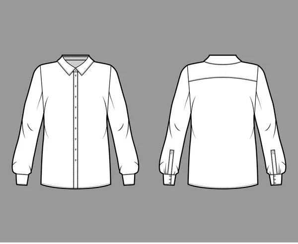 Klasická košile technické módní ilustrace se základním límcem se stojanem, dlouhé rukávy s manžetou, zadní kolo jho. — Stockový vektor