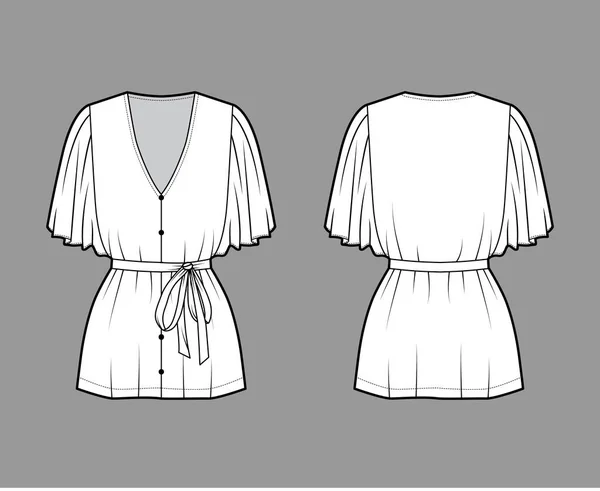 Ilustración técnica de la moda de la blusa con las mangas del círculo del codo de la bengala, hundiendo el escote en V, cinturón de la corbata en la cintura — Vector de stock