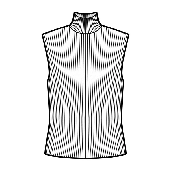 Turtleneck rib sweater technical fashion illustration with oversized body, sleeveless jumper. — Stock Vector