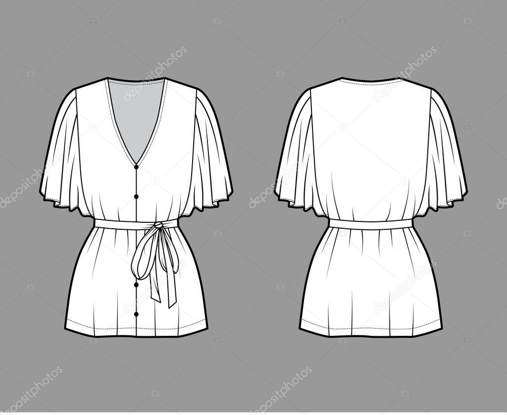 Blouse technical fashion illustration with flare elbow circle sleeves, plunging V-neckline, tie belt in at the waist