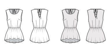 Peplum Lisesi 'nin düşük etekli üst moda tasviri. Sırt bağları yuvarlak, kolsuz, vücuduna uyumlu..