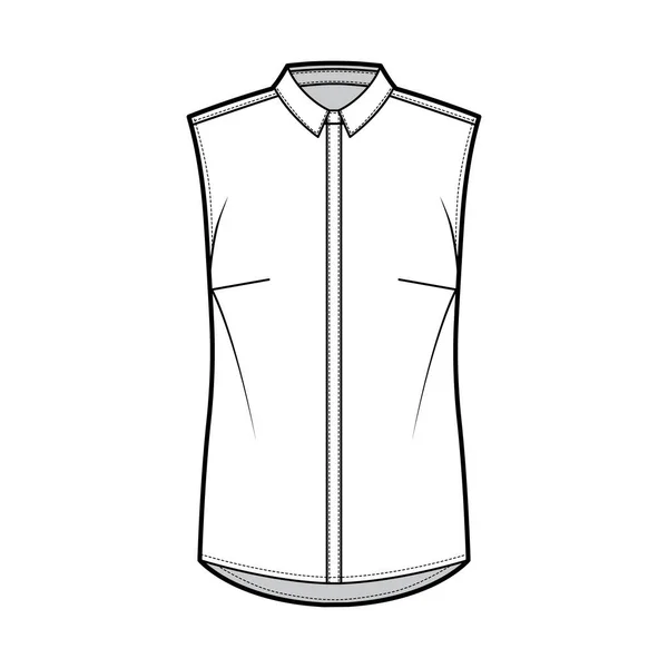 Illustration de mode technique chemise avec col fin et soigné, fermeture à boutons dissimulés devant silhouette légèrement lâche — Image vectorielle