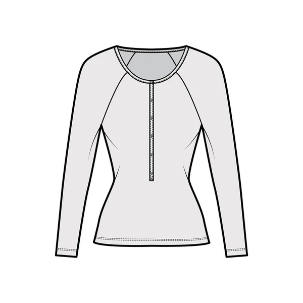 Ilustração de moda técnica superior de algodão-jersey com mangas raglan longas, ajuste fino, decote henley colher. Vestuário plano — Vetor de Stock