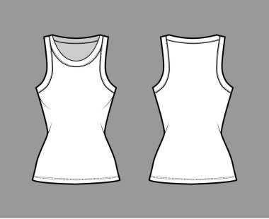Cotton-jersey tank teknik moda illüstrasyonu, geniş yakalı, kolsuz. Düz giyim cami