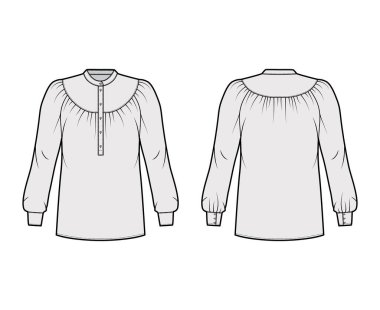 Toplanmış boyunduruklu, uzun kollu, kıvrımlı mandalina yakalı, gevşek şekilli tişörtlü...