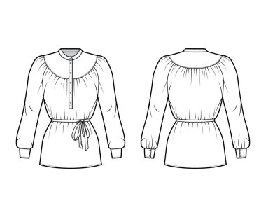 Kemerli bluz, uzun kollu, kıvrımlı mandalina yakalı, gevşek şekilli gömlek.