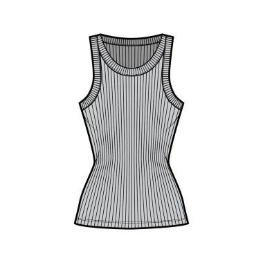 Tırtıklı pamuk-forma tankı teknik moda illüstrasyonu geniş kepçe yaka, örgülü vücut, tunik uzunlukta gecelik