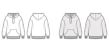 Büyük boy pamuklu kapüşonlu, cebi açık, rahat, uzun kollu teknik moda illüstrasyonu. Düz atlayıcı