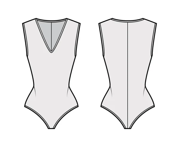 Stretch-jersey bodysuit τεχνική απεικόνιση μόδας με βυθίζοντας V-ντεκολτέ, πίσω φερμουάρ στερέωσης. Επίπεδη ένα τεμάχιο — Διανυσματικό Αρχείο